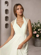 Cream A-Line Pleated Chiffon Dress