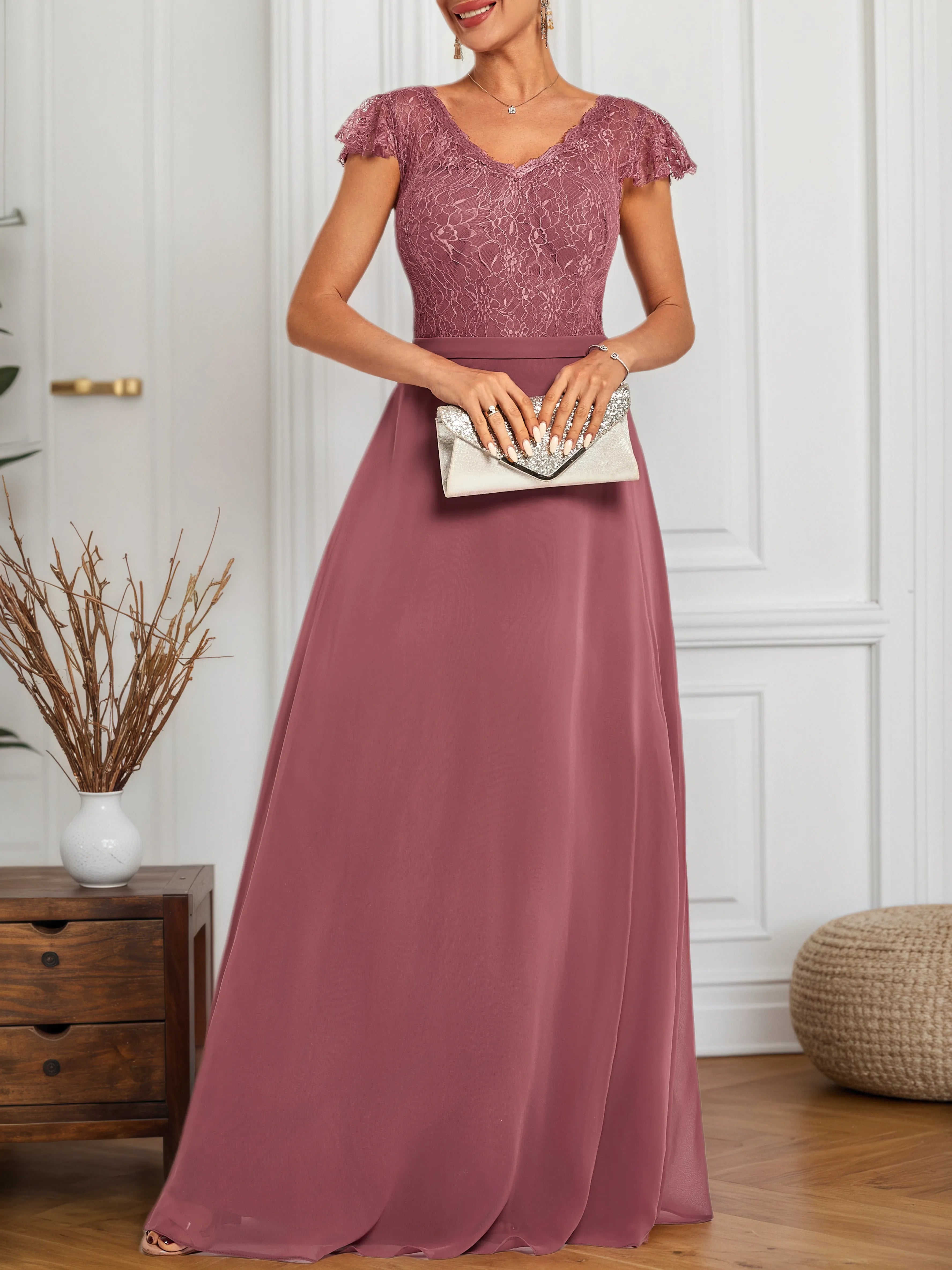 Watermelon Red Lace V Neck Short Sleeve A-Line Maxi Dress
