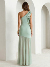Sage Green One Shoulder Maxi Dress Prom Dress with 3D Flower