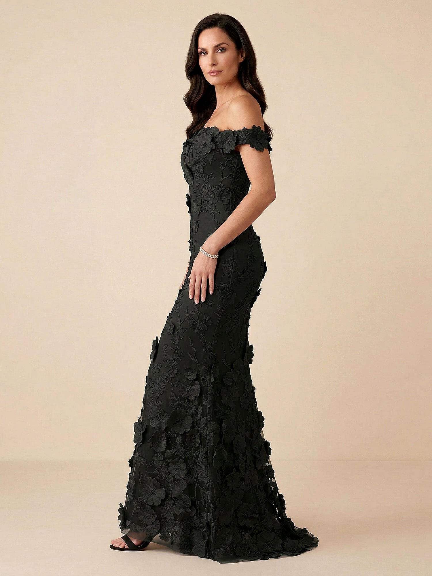 Black Off-the-Shoulder 3D Floral Mermaid Formal Gown Evening Dress