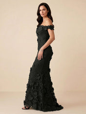 Black Off-the-Shoulder 3D Floral Mermaid Formal Gown Evening Dress