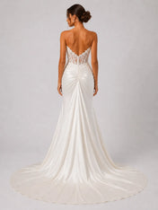Elegant Strapless Lace Corset Satin Wedding Dress with High Slit and Chapel Train