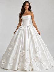 Elegant Strapless Satin Ball Gown Wedding Dress with 3D Floral Appliqués and Draped Straight Neckline