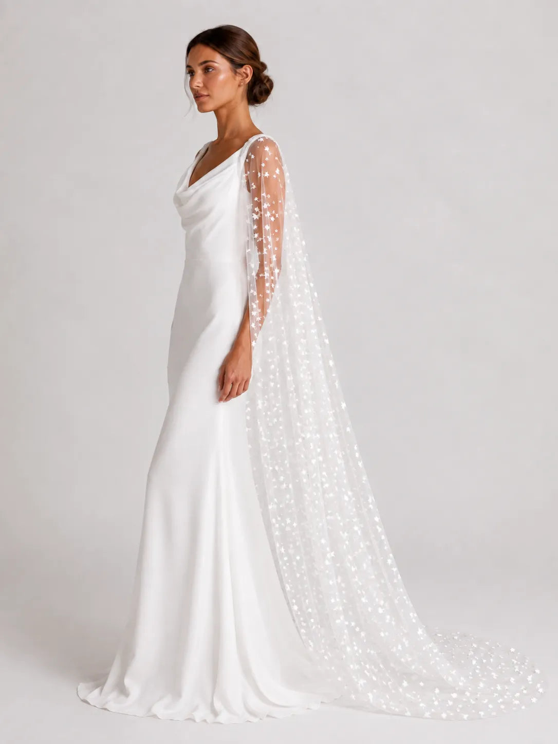 Elegant Cowl-Neck Sheath Wedding Dress with Star-Embroidered Tulle Cape and Low V-Back