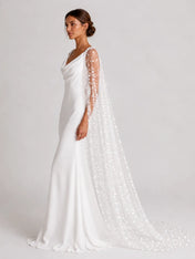 Elegant Cowl-Neck Sheath Wedding Dress with Star-Embroidered Tulle Cape and Low V-Back