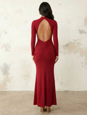 Burgundy Long Sleeves Mermaid Satin Maxi Dress Tea Length