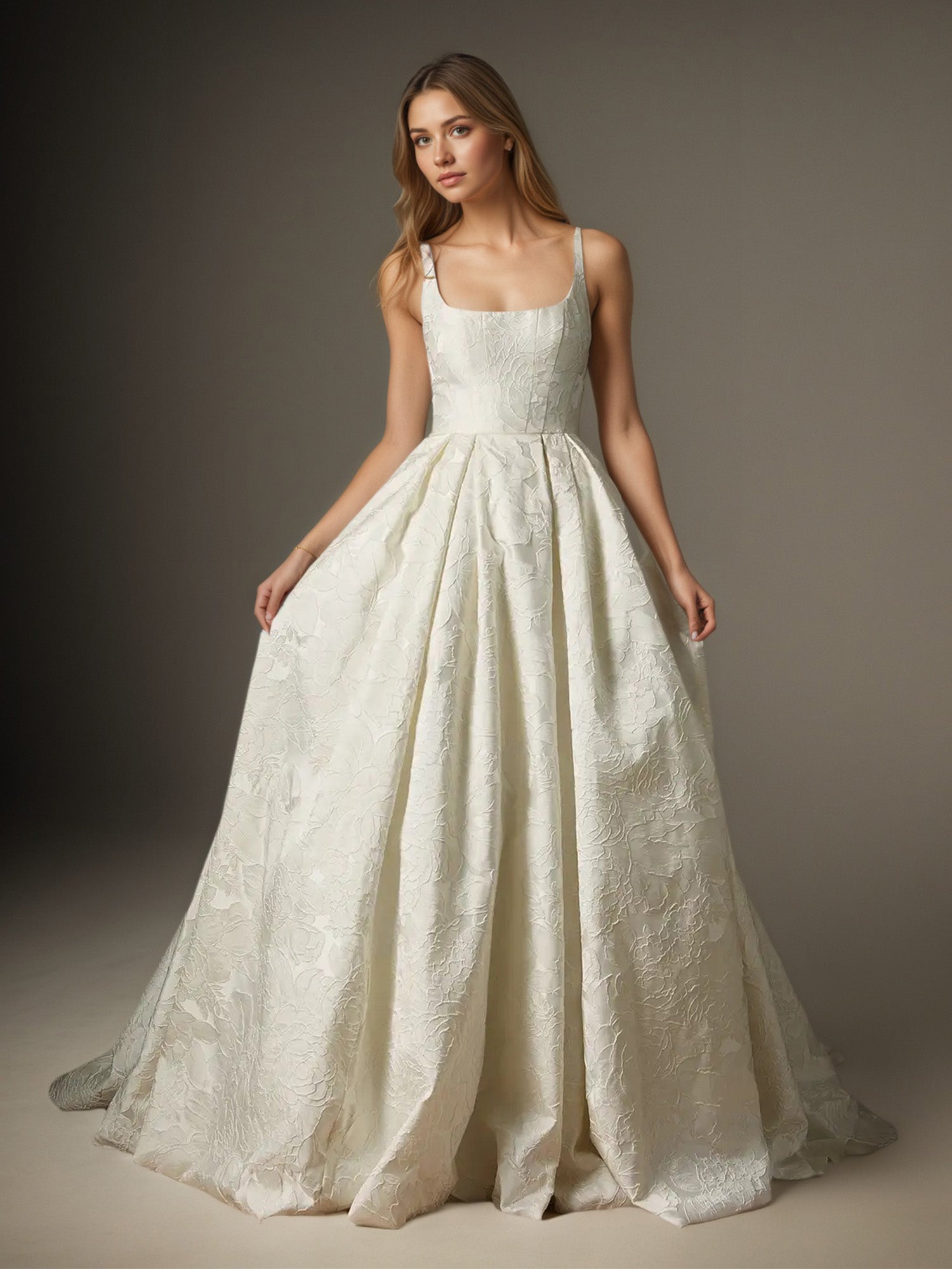 White Ball-Gown with Pockets Floral Jacquard Wedding Dress