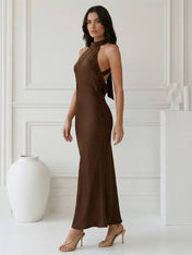 Brown Halter Neck Mermaid Satin Maxi Dress Tea Length