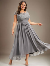 A-line Scoop Illusion Asymmetrical Lace Chiffon Mother of the Bride Dress With Pleated