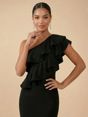 Elegant One-Shoulder Ruffle Mermaid Maxi Dress in Black
