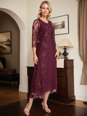 Cabernet A Line Scoop Tea-Length Lace Chiffon Mother of the Bride Dress