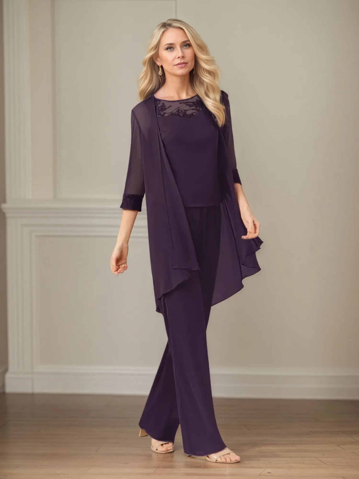 Jumpsuit/Pantsuit Scoop Neck 3/4 Sleeves Chiffon Mother of the Bride Dress