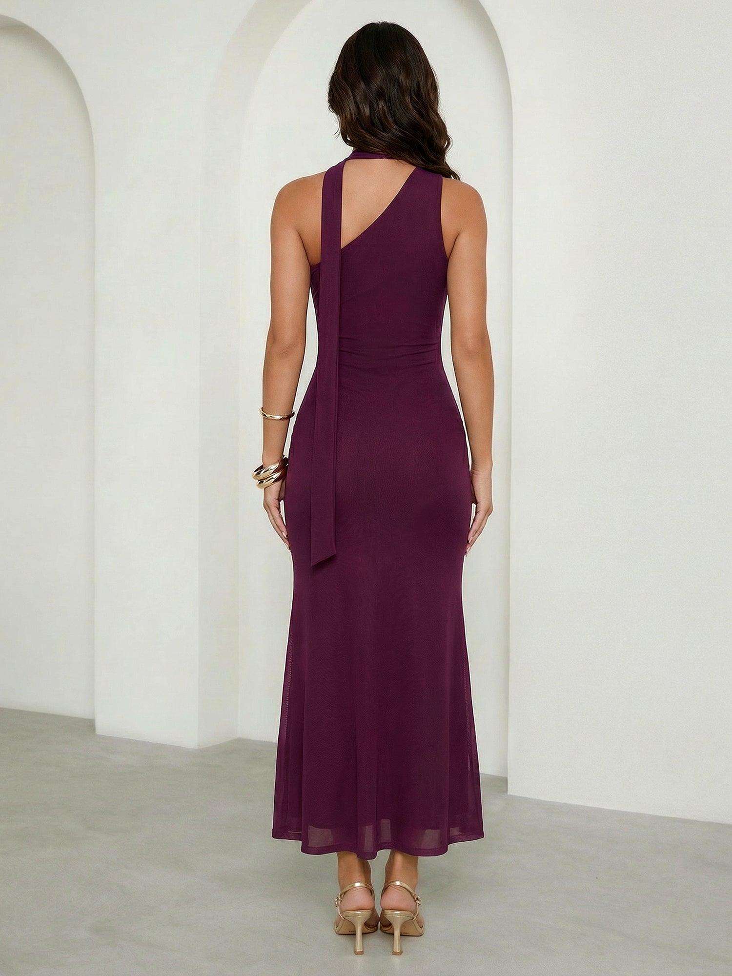 Purple One Shoulder Maxi Dresses with Ruffle Mermaid Evening Dress
