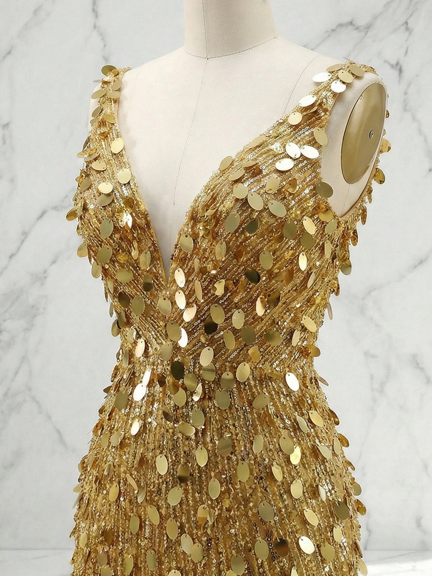 Gold Mermaid V-Neck Backless Long Tight Sequin Prom Dress with Slit