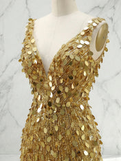Gold Mermaid V-Neck Backless Long Tight Sequin Prom Dress with Slit