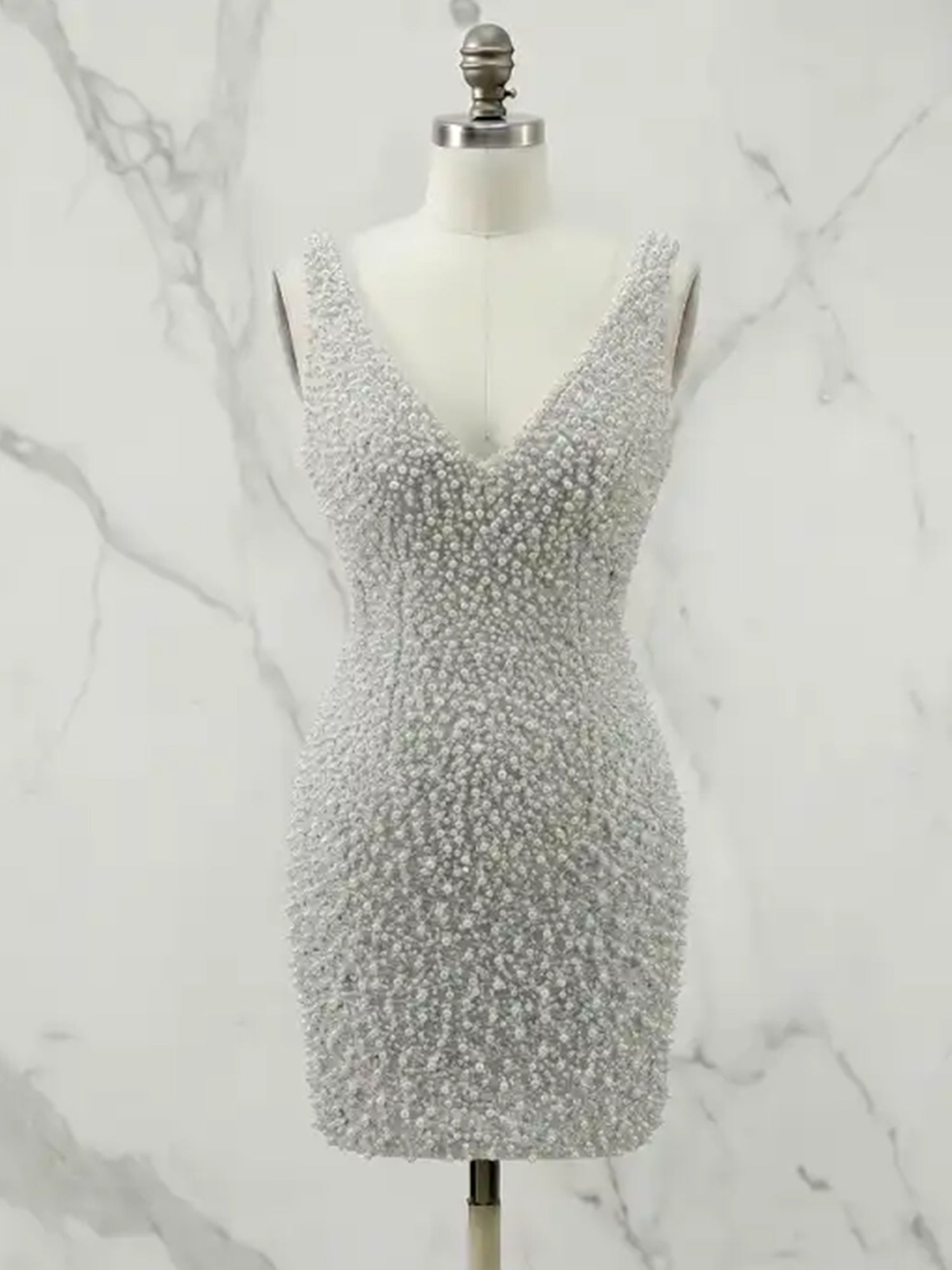 White V Neck Pearl Embellished Short Homecoming Dresses