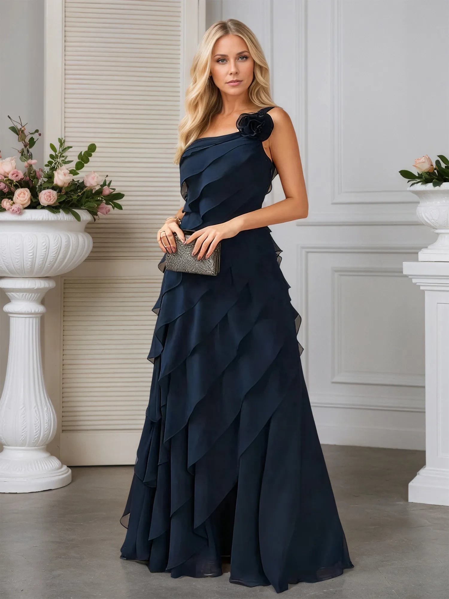 A-line One Shoulder Floor-Length Chiffon Evening Dress With Cascading Ruffles Flower
