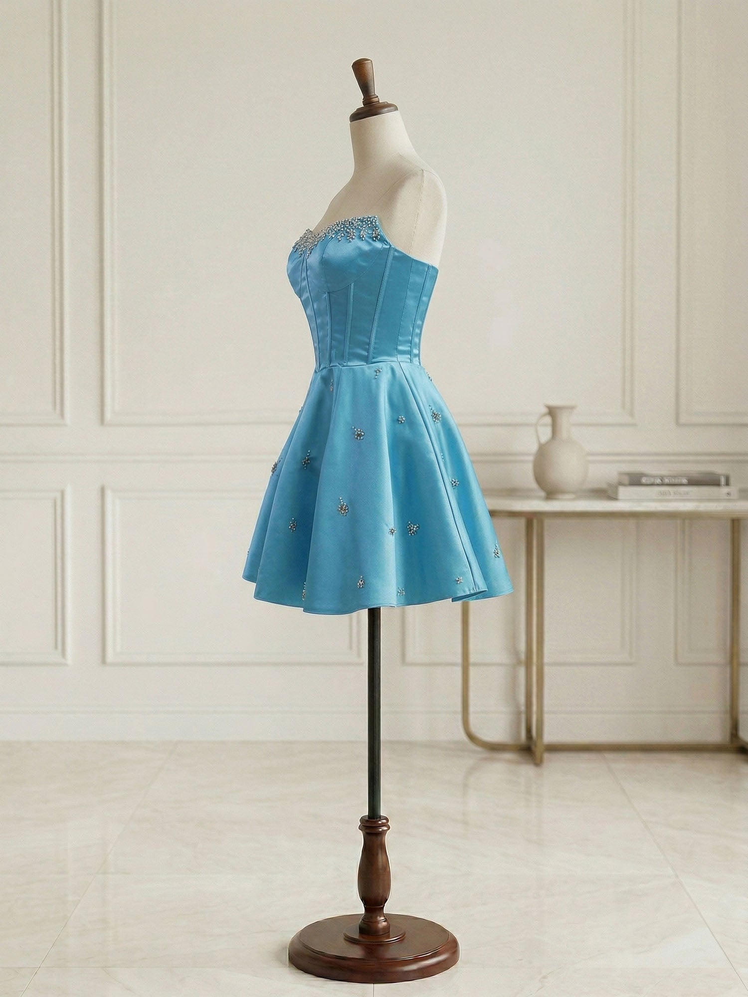 Sparkly Satin A Line Short Corset Homecoming Dress with Rhinestones