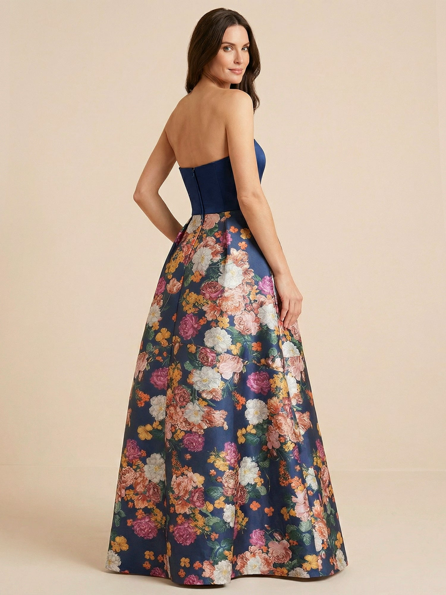 Navy Blue Half Strapless Print Floral Satin Mother of the Brides dress