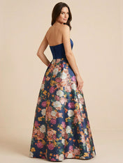 Navy Blue Half Strapless Print Floral Satin Mother of the Brides dress
