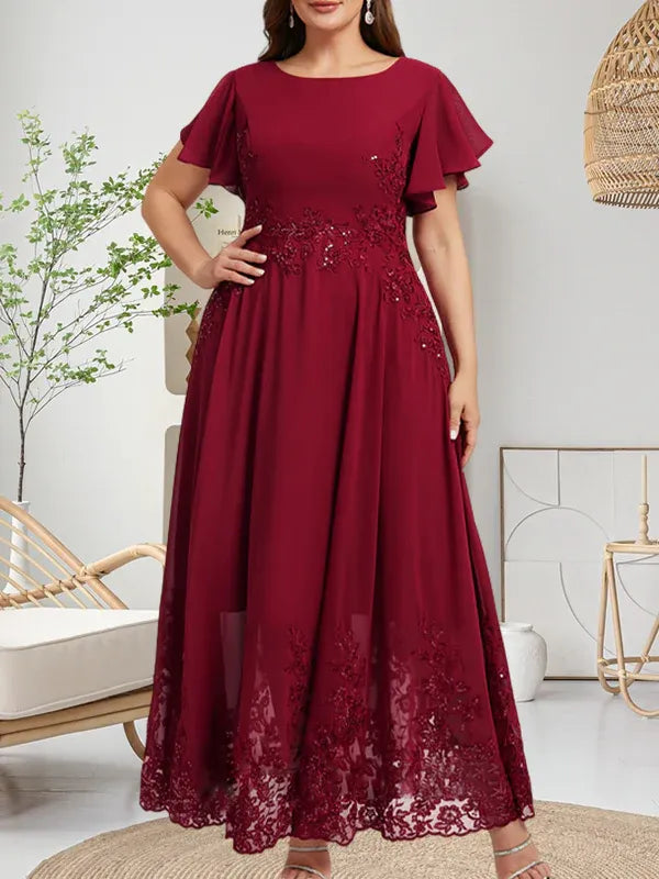 Robe de mère de la mariée trapèze en mousseline de soie et dentelle, longueur cheville, avec paillettes 
