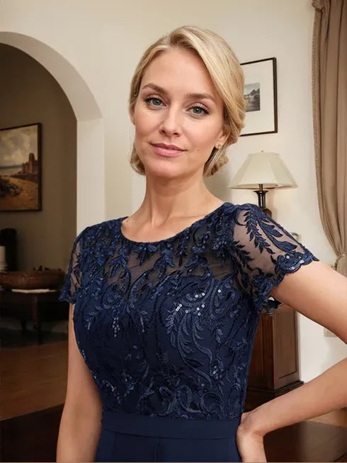 Robe de mère de la mariée asymétrique en mousseline de soie et dentelle, coupe trapèze, décolleté en V, avec nœud, volants et paillettes 