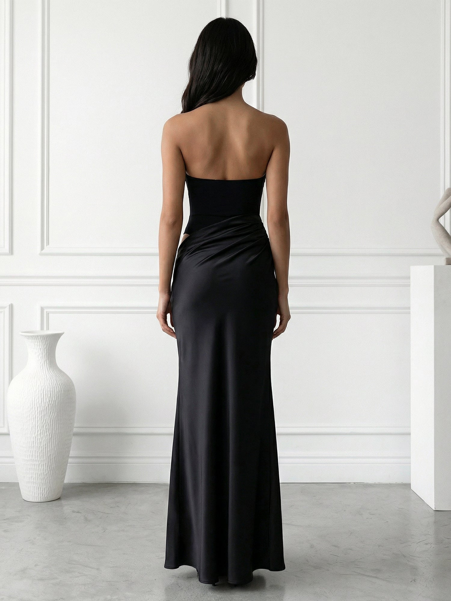 Black Hollowed Strapless Mermaid Maxi Dresses with Pleat