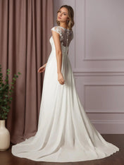 White A-Line Scoop Sequins Chiffon Wedding Dress