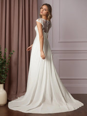 White A-Line Scoop Sequins Chiffon Wedding Dress