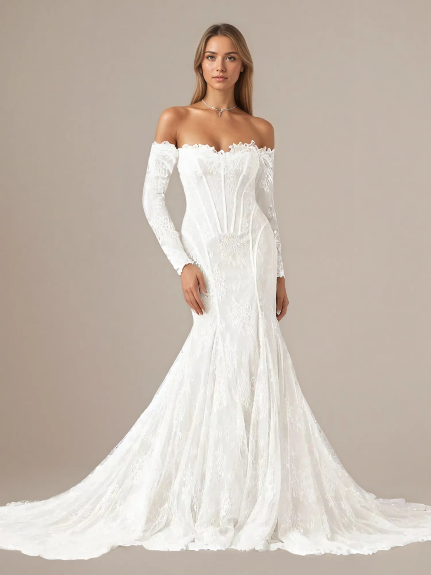 White Mermaid Off the Shoulder Tulle Wedding Dress