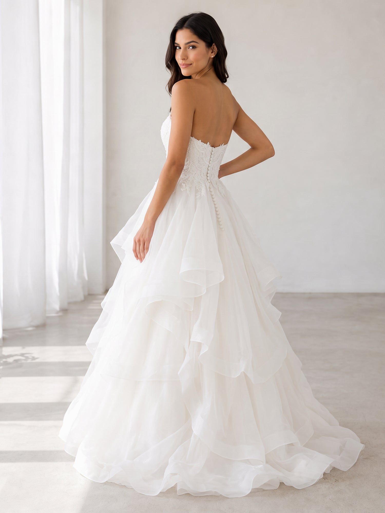 Elegant Strapless White Lace and Tiered Organza A-Line Wedding Dress with Chapel Train