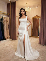 Ivory Grace Satin Square-Neck Prom Dress with Side Bow