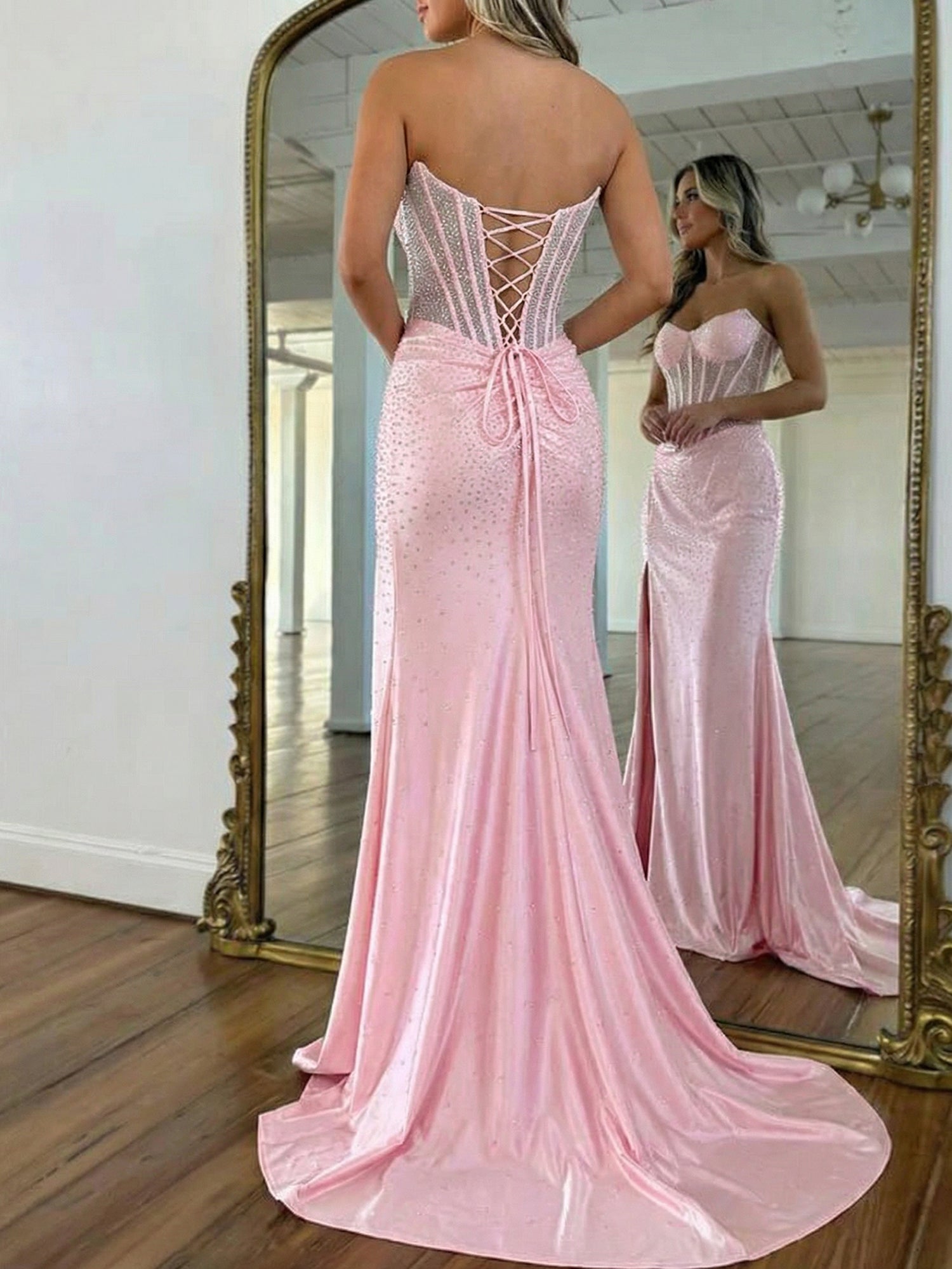 Red Mermaid Strapless Corset Beaded Prom Dress with Slit