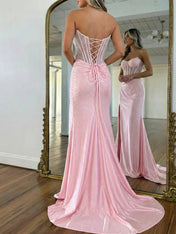 Red Mermaid Strapless Corset Beaded Prom Dress with Slit