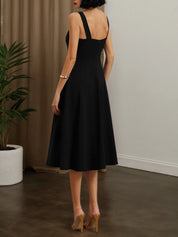 Black Buckle Notched Sleeveless A-Line Midi Dress