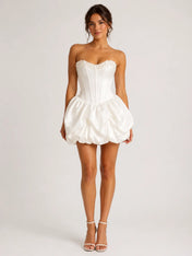 Elegant Strapless Sweetheart Mini Wedding Dress with Pearl Detail, Bubble Skirt and Lace-Up Back