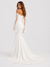 Off-the-Shoulder Lace Long Sleeve Ruched Mermaid Wedding Dress with Chapel Train