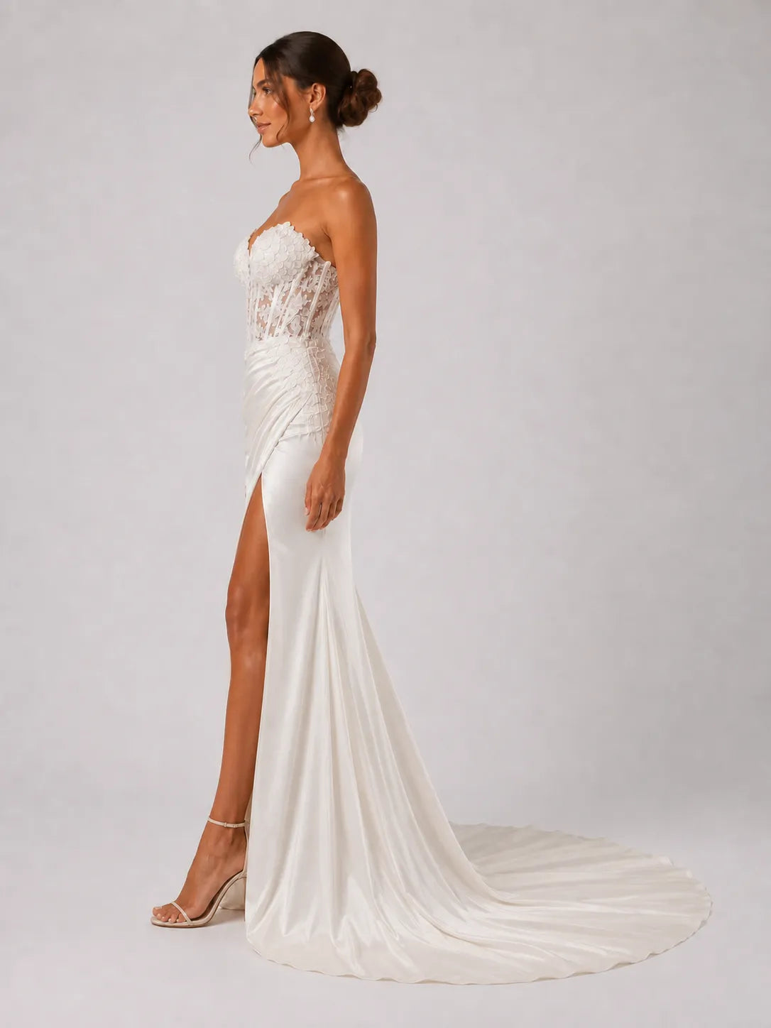 Elegant Strapless Lace Corset Satin Wedding Dress with High Slit and Chapel Train