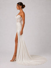 Elegant Strapless Lace Corset Satin Wedding Dress with High Slit and Chapel Train
