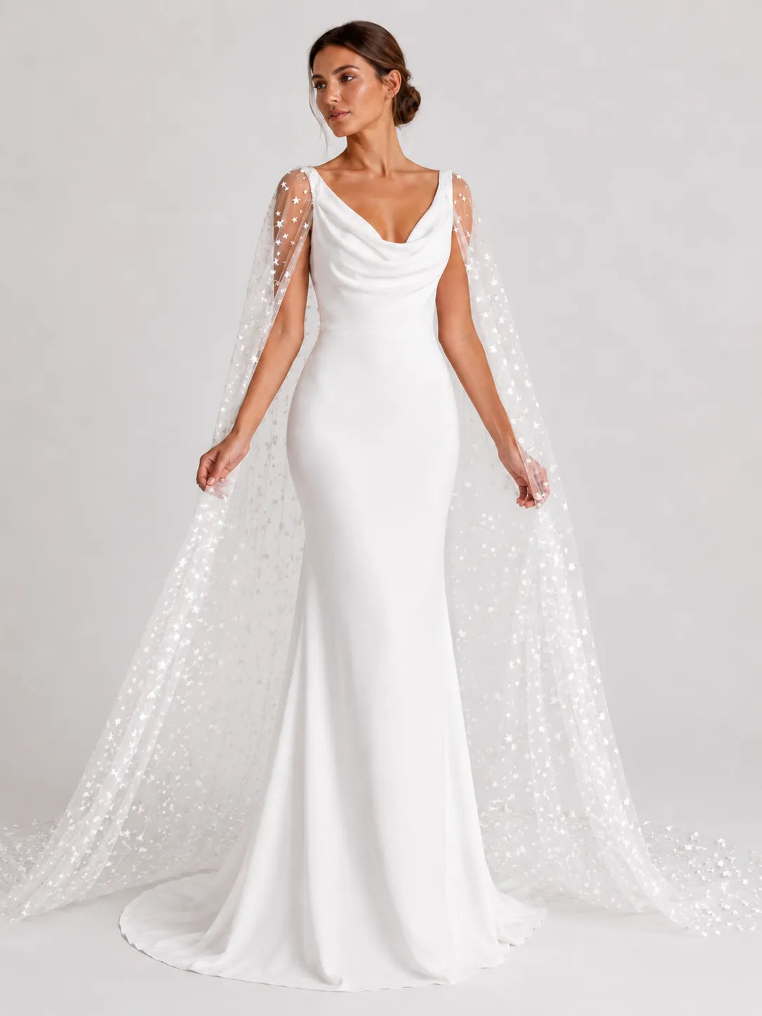Elegant Cowl-Neck Sheath Wedding Dress with Star-Embroidered Tulle Cape and Low V-Back