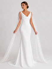 Elegant Cowl-Neck Sheath Wedding Dress with Star-Embroidered Tulle Cape and Low V-Back