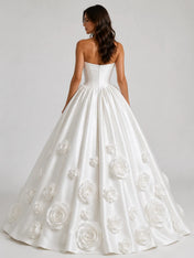 Elegant Strapless Satin Ball Gown Wedding Dress with 3D Floral Appliqués and Draped Straight Neckline