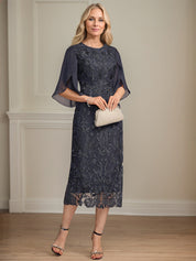Sheath/Column Scoop Tea-Length Lace Chiffon Mother of the Bride Dress