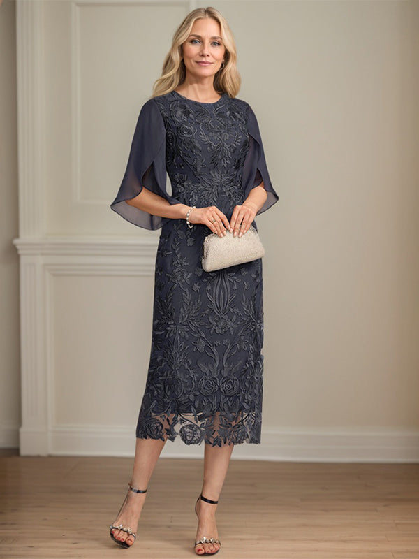 Sheath/Column Scoop Tea-Length Lace Chiffon Mother of the Bride Dress