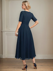 A-line Scoop Tea-Length Chiffon Mother of the Bride Dress With Appliques Lace Sequins