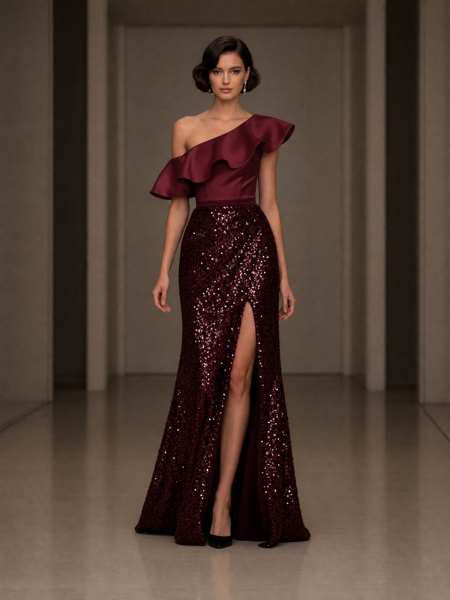Satin and Sequin Sheath One Shoulder Floor-Length Evening Dresses with Ruffles