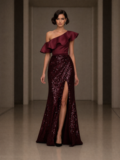 Satin and Sequin Sheath One Shoulder Floor-Length Evening Dresses with Ruffles