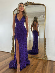 Mermaid V-Neck Backless Long Tight Sequin Prom Dress