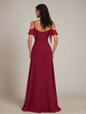 Burgundy A-Line Spaghetti Straps Floor-Length Chiffon Bridesmaid Dress With Ruffle