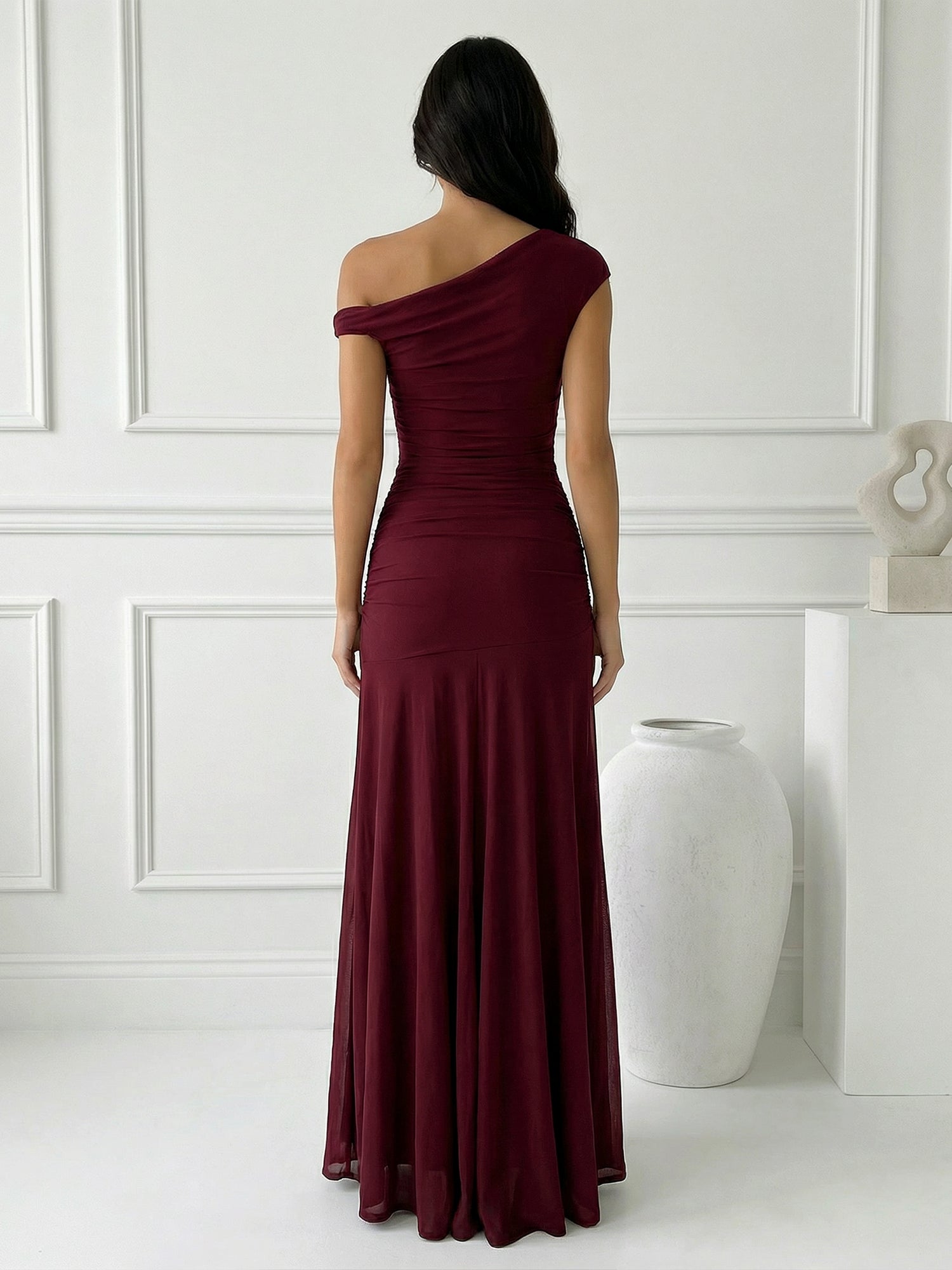 Burgundy One Shoulder Mermaid Maxi Dress with Pleat